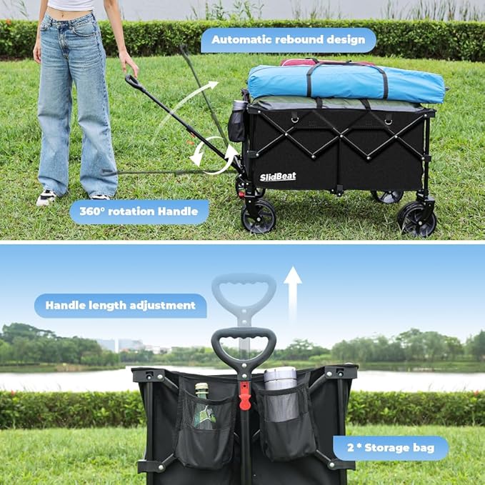 SLIDBEAT Beach Wagon with Big Universal Wheels - Folding Wagon - Wagons Carts Heavy Duty Foldable - Camping Garden Cart Black - 6.5''×2.5'' Wheels