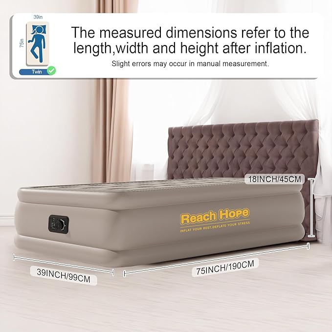 Twin Air Mattress with Built-in Pump - 18" Height Self-Inflating Blow Up Bed for Guests, Camping & Home Use, Waterproof Inflatable Mattress with Carry Bag - Portable Single Airbed (18" Khaki)