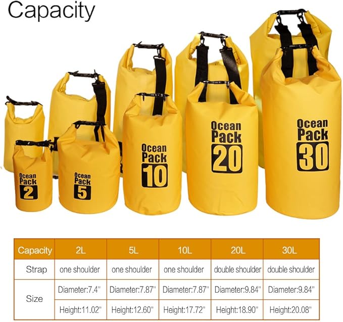 Dry Sack/Floating Waterproof Bag 2L/5L/10L/20L/30L for Boating, Kayaking, Hiking, Snowboarding, Camping, Rafting, Fishing and Backpacking