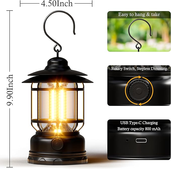 LED Camping Lanterns,3 Pack Rechargeable Battery Emergency Lighting with Stepless Dimming Vintage Portable Camping Lights & Lantern for Emergency Fishing Camping Hiking Power Outage Tabletop
