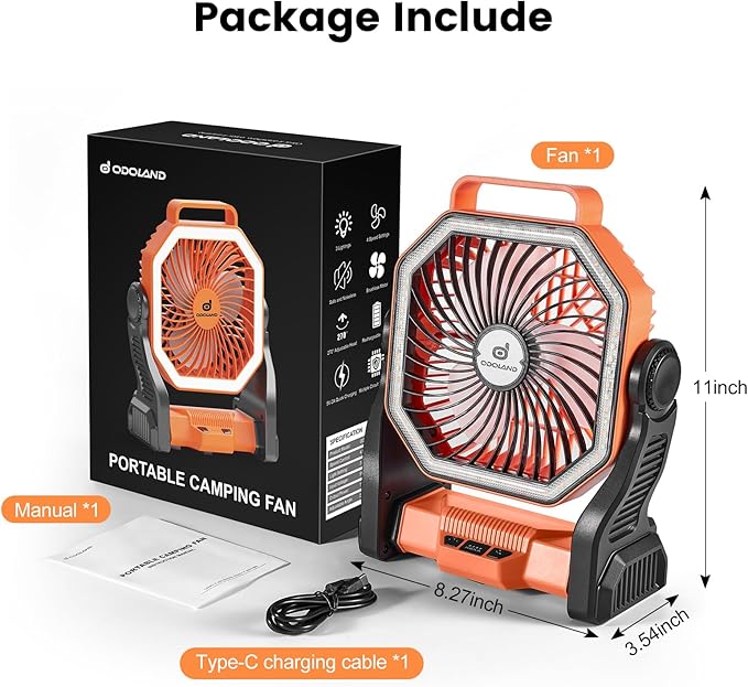 Odoland Camping Fan with LED Lantern, 20000mAh Rechargeable Battery Operated Fan, Portable Outdoor Light with Rotation Hook for Picnic Power Outage Hurricane Emergency Home Patio, Orange