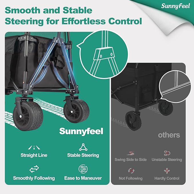 SunnyFeel Heavy Duty Collapsible Outdoor Utility Wagon Cart 500LB Capacity Adjustable Handlebar,Foldable Beach Wheels Stable Durable Oxford Fabric for Shopping Garden Camping (Black, Tall Version)