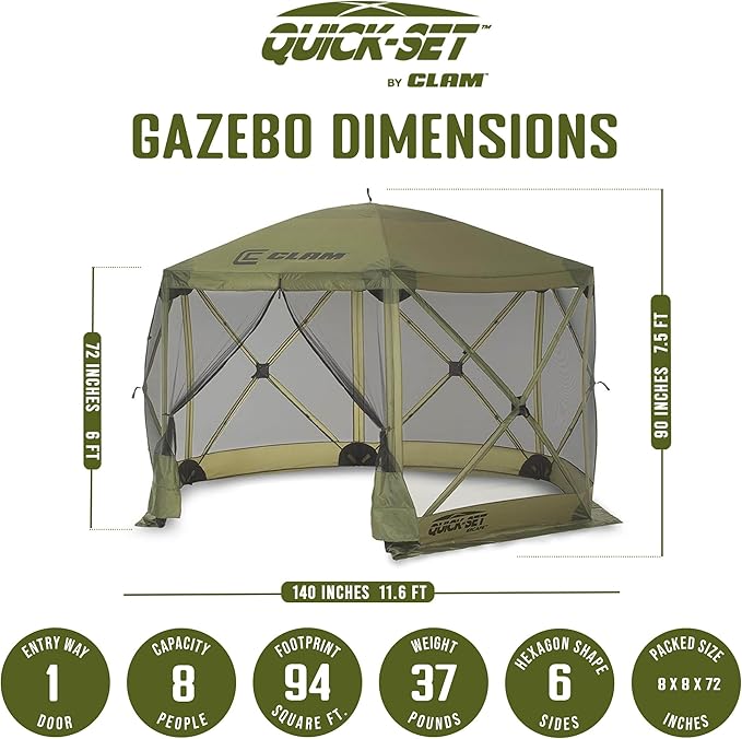 CLAM Pop Up Screen Tent, Outdoor Camping Gazebo Canopy, Escape, 11.5', Green