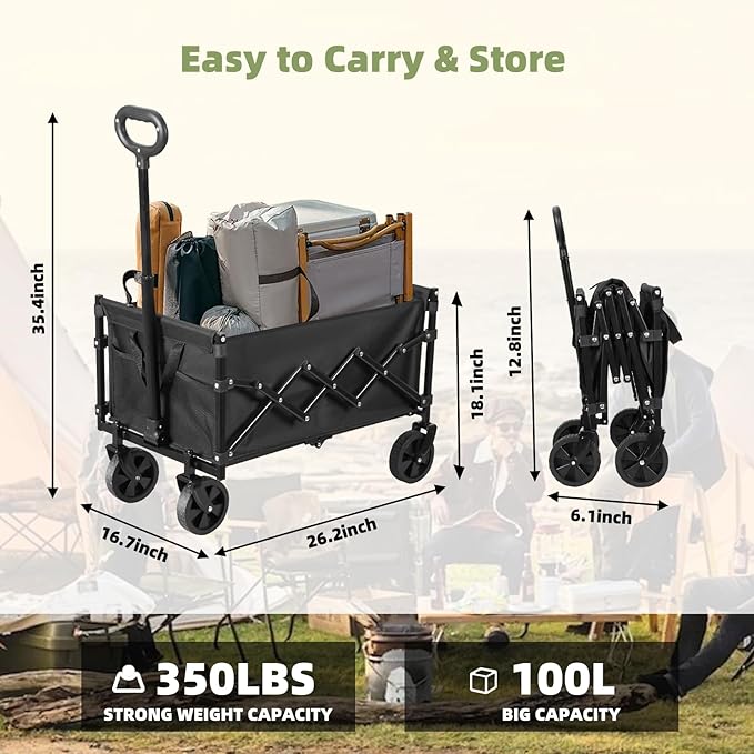 Collapsible Wagon Cart Foldable, 100L Folding Wagon Cart with Wheels, Outdoor Utility Carts with 350lbs Weight Capacity for Grocery Beach Camping Shopping, Black