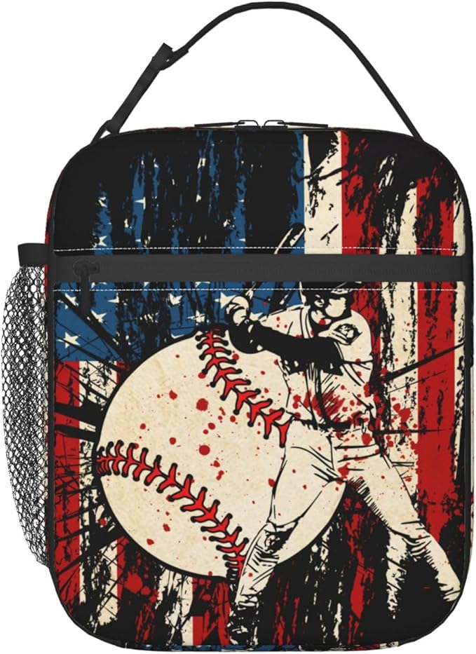 Baseball Stitches American Flag Insulated Lunch Bag, Baseball Sport Lunch Box Tote Cooler Reusable Lunch Pail Adjustable Shoulder Strap and Side Pocket Outdoors Meal Bag For Women