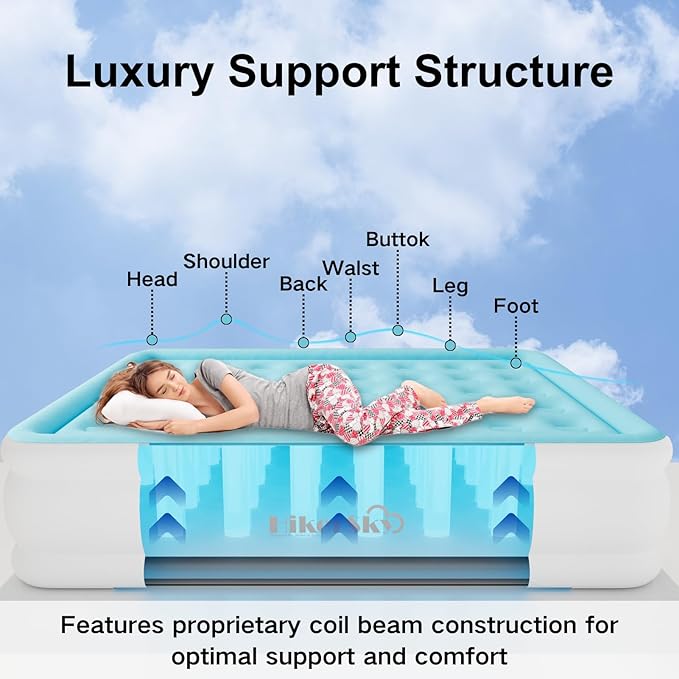 Queen Air Mattress with Built-in Pump, Air Bed with Portable Storage Bag, 18'' Blow up Mattress Suitable for Home and Guests, Top Flocking, 18" Queen Blue