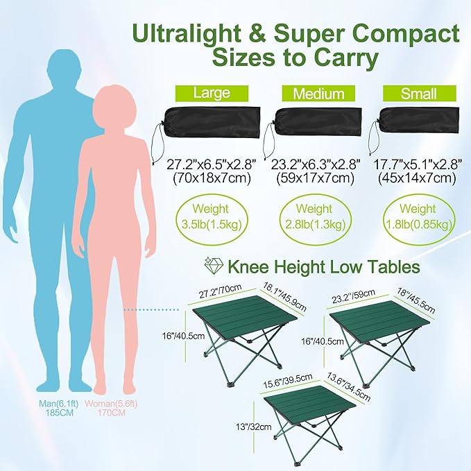 Tesouro Portable Camping Table,Folding Side Table Aluminum Top for Outdoor Cooking, Hiking, Travel, Picnic (Blackish Green, Large)