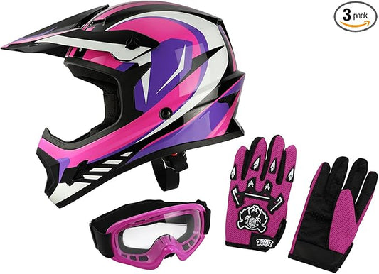 TCT-MOTORPARTS DOT Youth Kids Motocross ATV Full Face Helmets for Offroad Street Dirt Bike Go-Kart BMX MX Rose Red Large