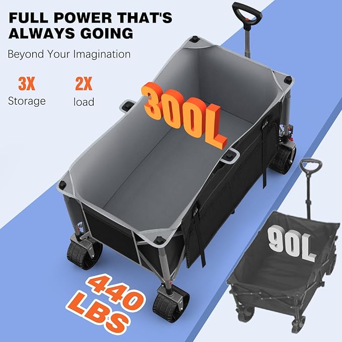 300L Collapsible Wagons Cart with Wheels Foldable, 440lbs Heavy Duty Folding Wagon, Upgraded Effortless Elegance, Foldable Wagon for Sports Beach Grocery Camping, Black & Gray