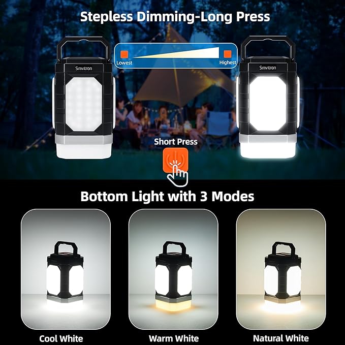 Sinvitron 30000mAh LED Camping Lantern with QC3.0 Fast Charging, 1000LM Emergency Lights for Power Outages, 350H Runtime, IPX5 Waterproof Rechargeable Lamp for Tent, Outdoor (Black/Orange)