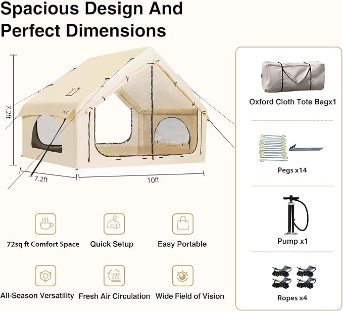 2025 Upgraded 100% Waterproof Inflatable Camping Tent, Large Blow-Up Air Tent, No Assembly Needed Luxury Glamping House, Oxford Fabric