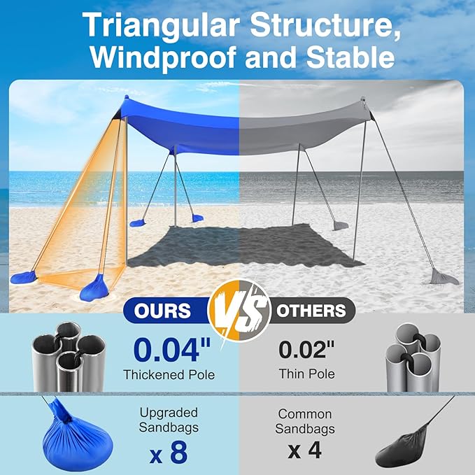 Rhino Valley Beach Tent Sun Shelter, 10x10FT Beach Canopy Tent Sun Shade UPF50+ Protection with 8 Sandbags 4 Stability Poles, Outdoor Beach Shade Canopy 6-8 People for Beach Camping Fishing