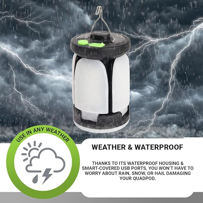 QuadPod Solar Camping Lantern for Camping - Portable Rechargeable LED Lamp Backup Power Bank Perfect for Hiking, Travel and More - Emergency Light for Power Outages, Hurricane, Survival Kits