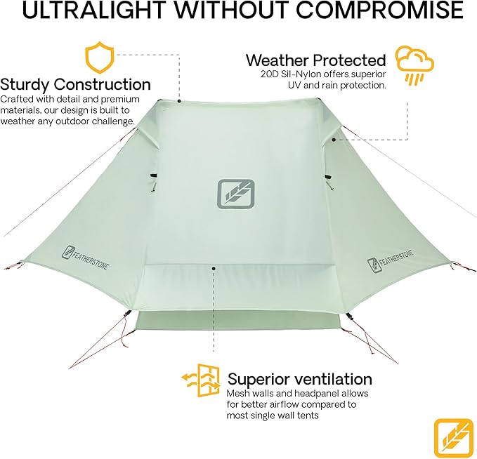 Featherstone Backbone Ultralight Tent for Backpacking, Camping, Thru Hiking - Trekking Pole Backpacking Tent - Waterproof, Single-Wall, Durable Shelter - Compact, Light, & Easy to Carry