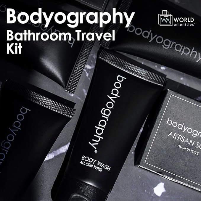Bodyography Toiletry Kit, 6 Piece Set Shampoo, Conditioner, Body Wash, Lotion, Hand Soap, Massage Bar, Clear Travel Bag