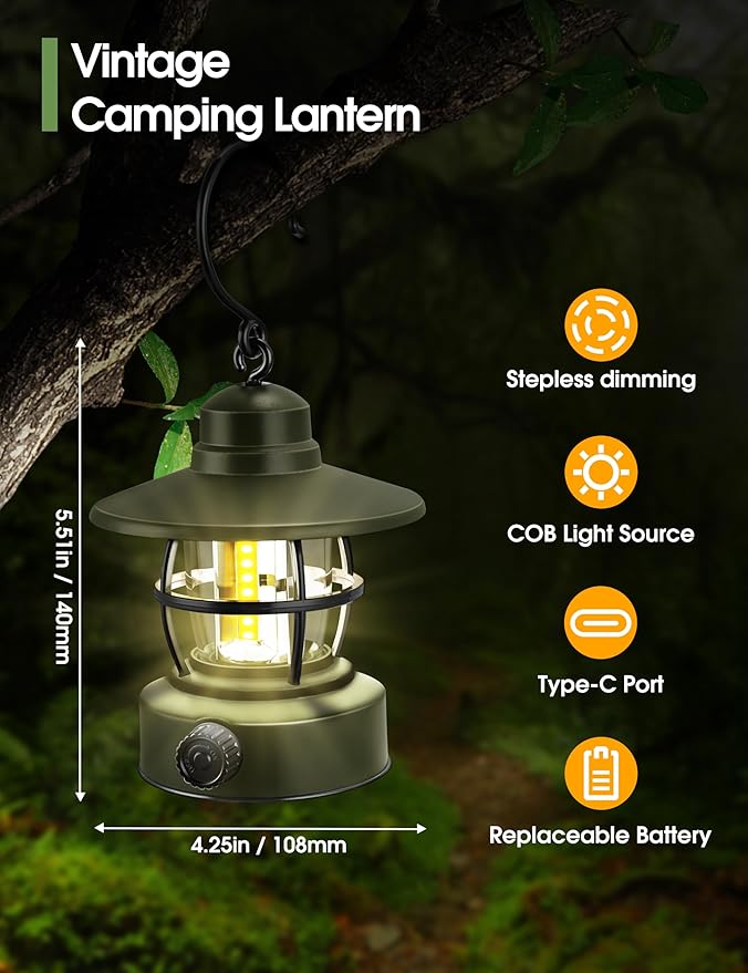 Camping Lantern Rechargeable Battery Powered 【2 Pack】, Camping Gear Must Haves, Camping Accessories, Retro Camping Light Waterproof Hanging LED Tent Lamp for Outdoor Hiking Fishing (Dark Green)