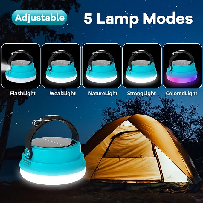 Solar Camping Lantern Rechargeable, 2-in-1 10000mAh Rechargeable Camping Light and Phone Charger for Hiking,Travel - Emergency Hanging Light for Hurricane, Power Outage, 200W, Blue