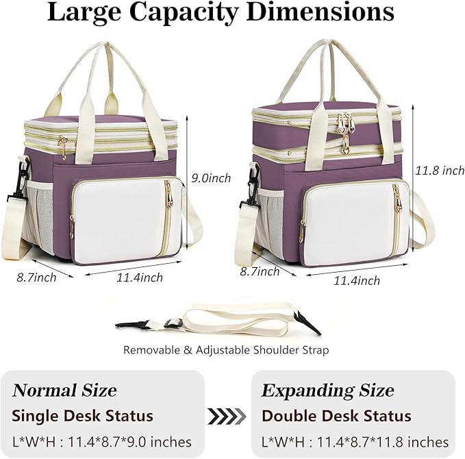 Lunch Box & Lunch Bag for Women, Large Insulated Adult Lunch Box Leakproof Lunchbox Cooler Bag for Work Picnic Beach,16L, Pink-purple & White