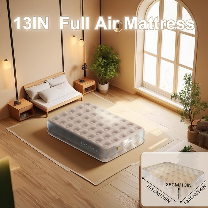Semi-Frosted Full Size Air Mattress - 13 Raised Comfort Inflatable Mattress, 550lb Capacity w/USB Pump | Ultra Plush Khaki Velvet Top | Camping & Guest Bed | Fast Inflation & Leak-Proof