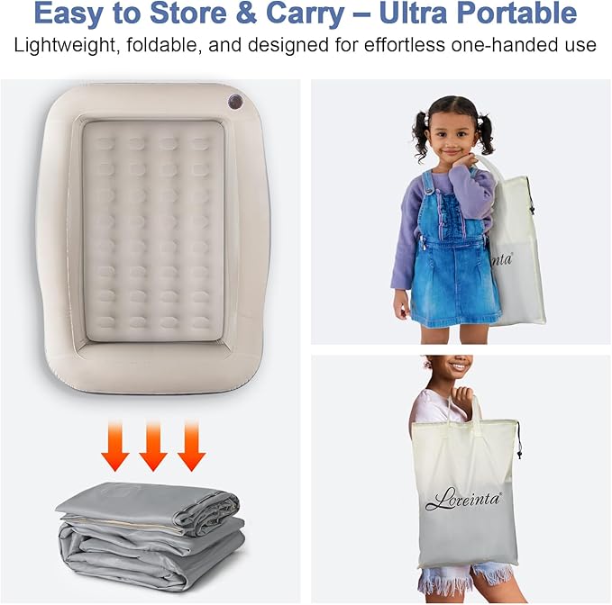 Inflatable Toddler Travel Bed – Portable Toddler Bed with Safety Bumpers, Toddler Floor Bed for Travel, Camping, Sleepovers – Kids Blow Up Bed with Pump & Carry Bag