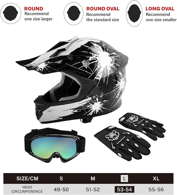 TCT-MOTORPARTS DOT Youth Kids Motocross ATV Helmets Offroad Street Dirt Bike Go-Kart BMX MX Full Face Helmet Black w/White Fireworks Large Size