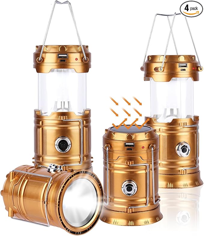 Solar Camping Lantern for Power Outages - USB Rechargeable Lamp Camping Essentials，Collapsible Waterproof Solar Lights for Indoor Outdoor Emergency Light/4 Packs/Gold