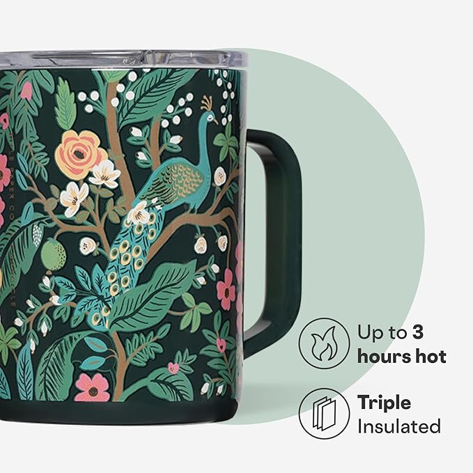 Corkcicle x Rifle Paper Co. Triple Insulated Coffee Mug with Lid & Handle - Keeps Beverages Hot for 3+ Hours - Gift for Mom - Great for Mother's Day or Christmas - 16 oz - Peacock Blue