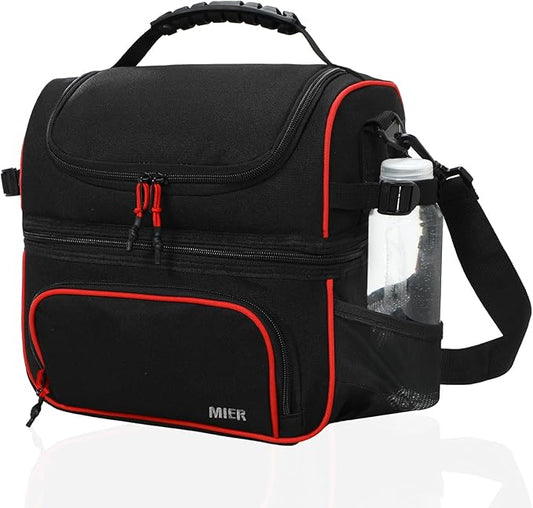 MIER Dual Compartment Lunch Bag Tote with Shoulder Strap for Men and Women Insulated Leakproof Cooler Bag, Black/Red