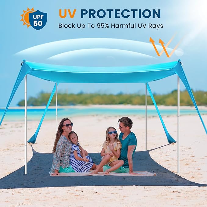 Beach Tent Sun Shelter - 10 x 10 Ft Beach Canopy UPF50+ UV Protection with Sandbags, Poles, Grond Pegs and Anti-Wind Ropes for Camping, Fishing, Backyard and Picnics