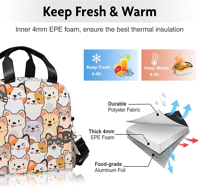 Cute Lunch Bag for Women,Insulated Cat Lunch Box for Kids Small Lunch Totebag Reusable Leakproof Lunch Bag With Shoulder Strap for Girls Boys School Work Picnic