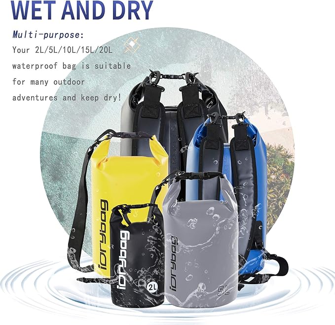 IDRYBAG Dry Bags for Kayaking Waterproof 2L/5L/10L/15L/20L, Small Dry Bag Waterproof Floating, Dry Sack Waterproof Bag for Paddleboarding Travel