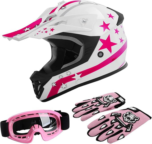 TCT-MOTORPARTS DOT Youth Kids Motocross ATV Four Wheeler Girls Riding Racing Helmets Offroad Street Dirt Bike Go-Kart BMX MX Full Face Helmet Pink Star Medium Size