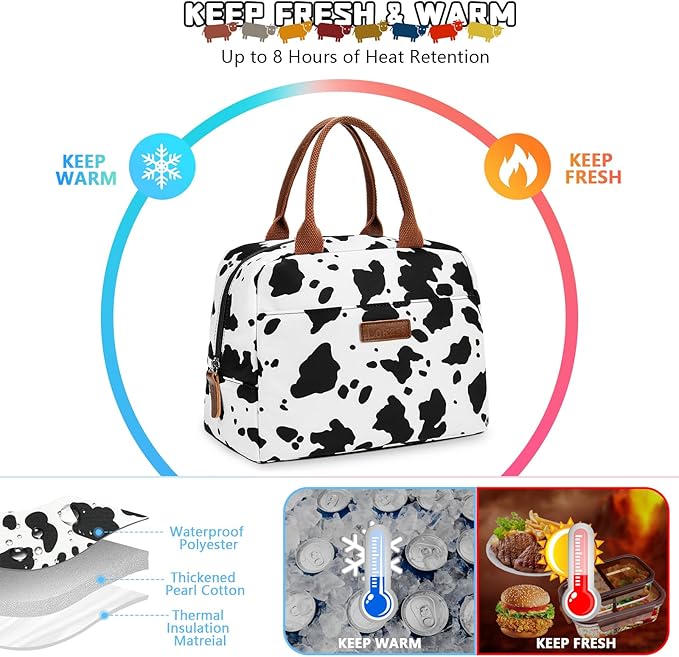 LOKASS Lunch Bag for Women/Men-Insulated Adults Lunch Box with Front Pocket- Small Cute Lunch Tote for Work-Reusable Cow Print Cooler Bag for Office Picnic Beach or Travel