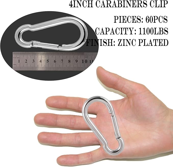 60 Pack Heavy Duty Carabiners, 3/8” Spring Snap Hook Carabiner for Heavy Uses, 4-Inch Snap Hooks Large Carabiners Clips Chain Links Safety Buckle Connector for Swing Hammock Fitness Gym Outdoor Indoor