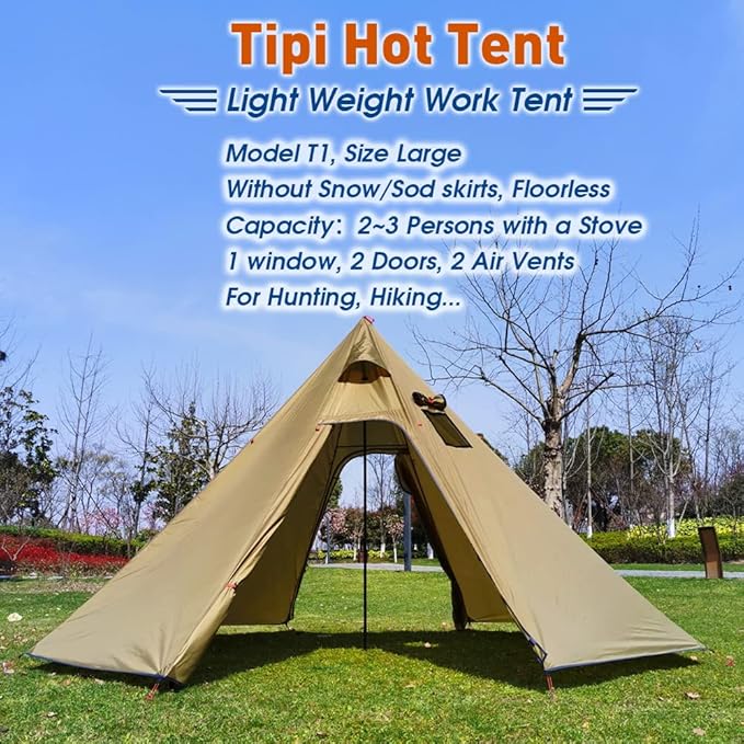 4 Persons 5lb Lightweight Tipi Hot Tents with Stove Jack, 7'3" Standing Room, Teepee Tent for Hunting Family Team Backpacking Camping Hiking