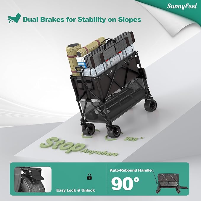 SunnyFeel Double Decker Wagon, Collapsible Outdoor Utility Wagon Cart 500LB Capacity Adjustable Handlebar,Foldable Wheels Stable Durable Oxford Fabric for Shopping Garden Camping (Black, Double Deck)
