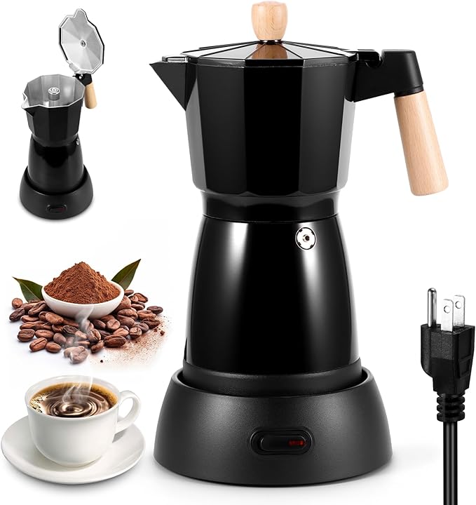 SHANGSKY Coffee Pot Electric Coffe Maker 6 Cup, Espresso Coffee Maker Cafeteras Electricas Italian Coffee Pot Espresso Makers Portable Aluminum Electric Mocha Pots (Wooden Handle,US 3-pin Plug)