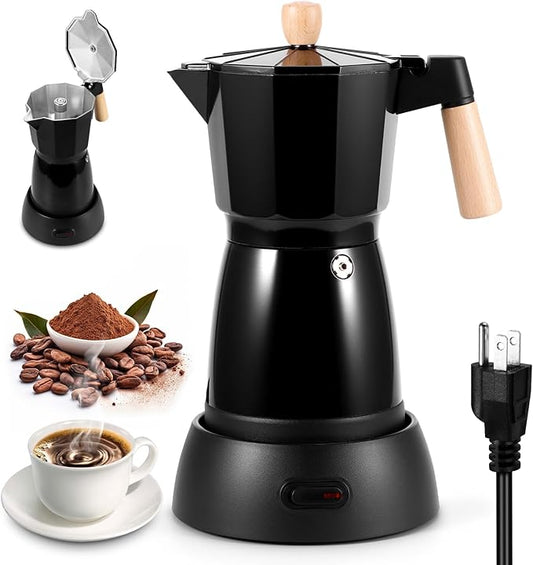SHANGSKY Coffee Pot Electric Coffe Maker 6 Cup, Espresso Coffee Maker Cafeteras Electricas Italian Coffee Pot Espresso Makers Portable Aluminum Electric Mocha Pots (Wooden Handle,US 3-pin Plug)