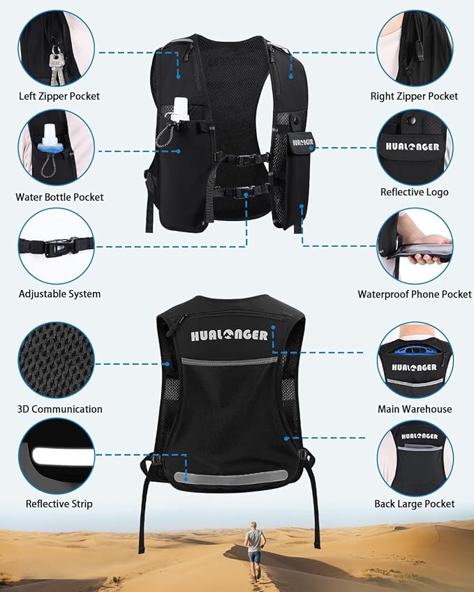 Running Hydration Vest for Women Men,Lightweight Breathable Hydration Pack with 500ml Soft Flask, Adjustable Chest Straps Reflective Backpack for Trail Running Marathon Race Jogging Cycling