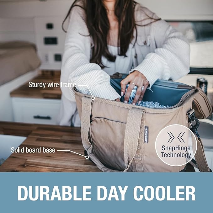 CleverMade Collapsible Cooler Bag, 30 Can Beach & Travel Car Cooler, Folding Soft Cooler, Shoulder Strap, Bottle Opener, Great Car Coolers for Travel, Leak Proof Cooler Bag [Cool Gray/Cognac]