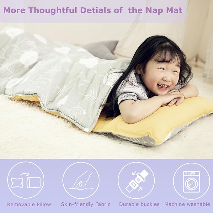 Toddlers Nap Mat with Removable Pillow and Soft Blanket, Lightweight Daycare Preschool Kindergarten Sleeping Bag, Travel Slumber for Kids Girls Boys