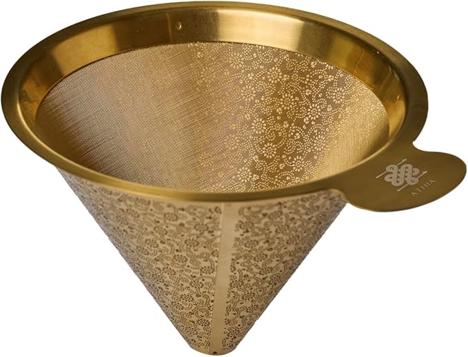 ATHIA Golden Reusable Stainless Steel Pour Over Coffee Dripper, Laser Etched Double Mesh Cone Filter, Paperless, Eco-friendly, Fits Hario, Chemex, carafes & most coffee makers (Golden, Cone Shape)