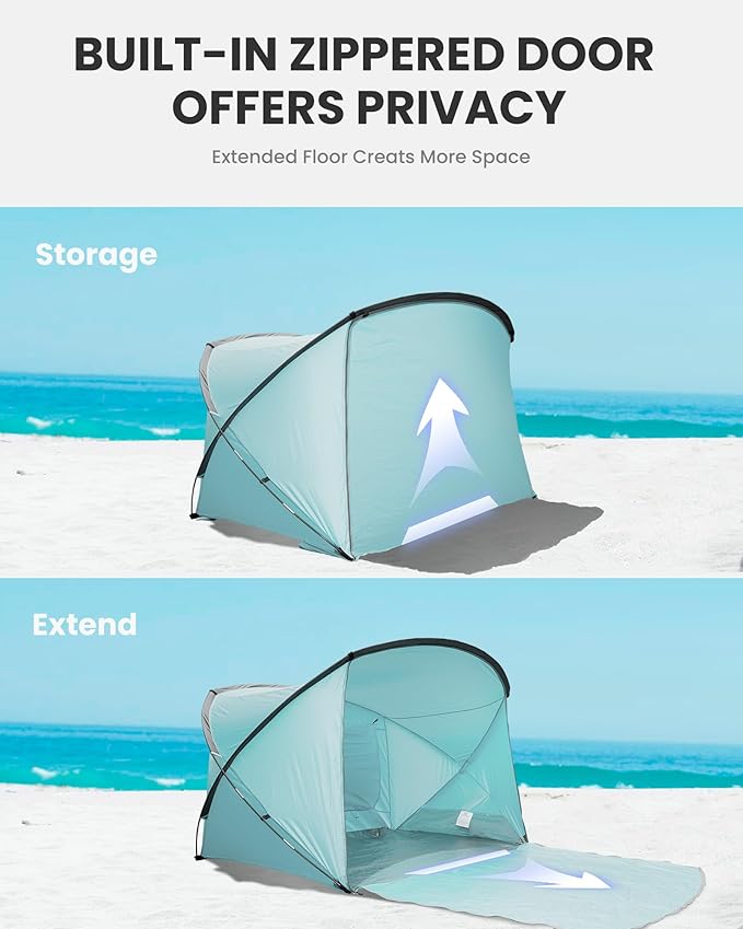 OutdoorMaster Beach Tent for 3-4 Person - Easy Setup and Portable Beach Shade Sun Shelter Canopy with UPF 50+ UV Protection Removable Skylight Family Size - Green