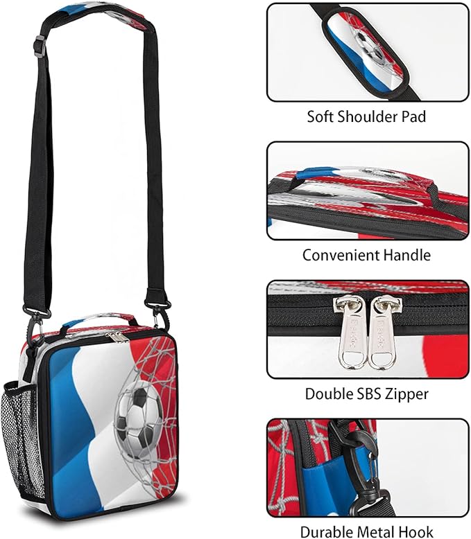 Pardick Soccer Insulated Lunch Bag for Boys Kids Sport Football Lunch Box French Flag Tote Bag Reusable Lunch Cooler Containers for School Picnic Work Travel Outdoor