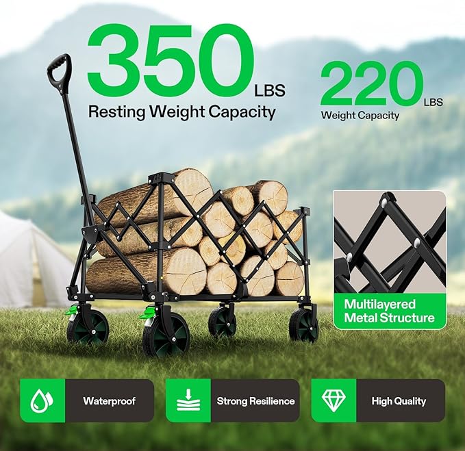 VIVOSUN Collapsible Folding Wagon, 350 lb Load-Bearing Outdoor Utility Cart with Silent Universal Wheels, Cup Holders &Side Pockets, Adjustable Handle, for Camping, Garden, Sports, Picnic, Shopping