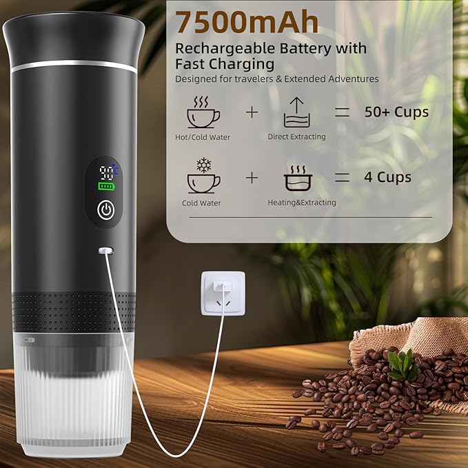 Portable Coffee Maker for Travel & Camping, Portable Espresso Maker for Travel, Rechargeable Cordless Battery Operated Coffee Makers for Ground Coffee, NS Capsule RV, Hiking, Office(Black)