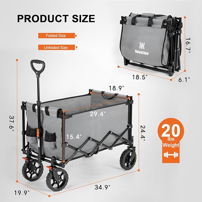 Navatiee 140L Wagon Cart Foldable, Large Capacity Collapsible Wagon with Smallest Folding Design, Utility Grocery Wagon for Camping Shopping Sports, Gray