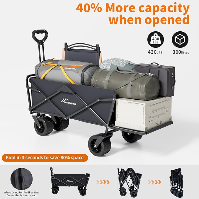 Collapsible Wagon Cart, Heavy Duty Folding Wagon with 430lbs,（with Table Top,with Tailgate）,All Terrain Large Wheel Beach,Camping Sports Garden Beach Grocery