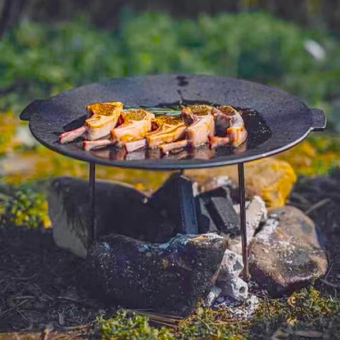 18" Cast Iron Griddle, Round Iron Pan, Portable Campfire Grill with 3 Removable Legs for Outdoor BBQ Cooking, Grilling and Frying Outdoor Camping
