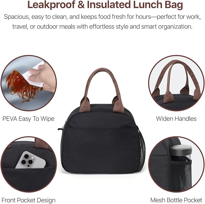 Bagseri Insulated Lunch Bag Women - Lunchboxes for Men Women Adult Reusable Leakproof Thermal Cooler Sack Food Handbags Case High Capacity for Work and Picnic (Black)